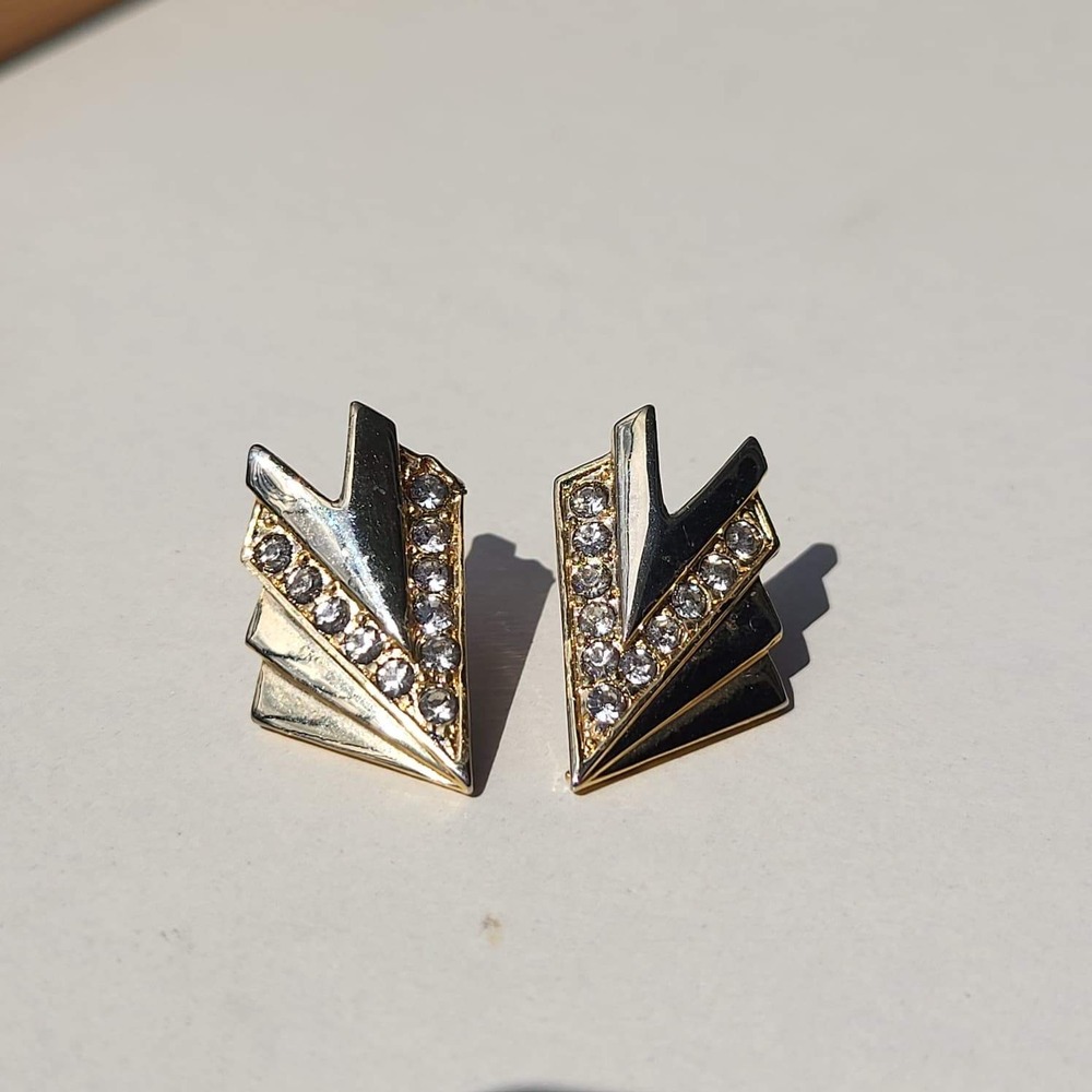 Vintage Gold Silver Tone Metal Rhinestone Geometric Wing Post Earrings - Picture 4 of 4